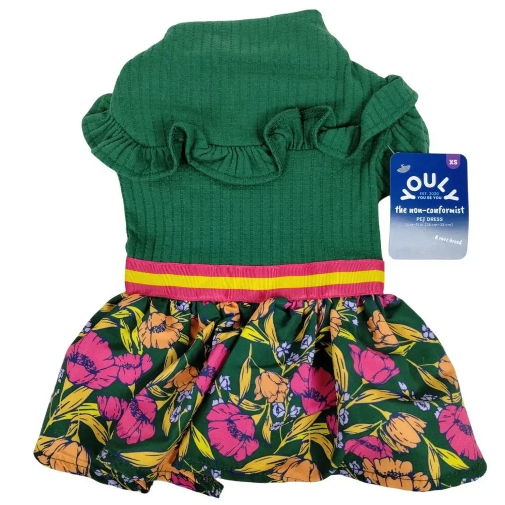 Youly Dog XS 11 inch Green Ruffle Shirt Floral Pet Dress